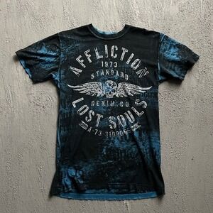 Affliction Reversible Shirt Medium Blue 2000s Y2K MMA USA Distressed